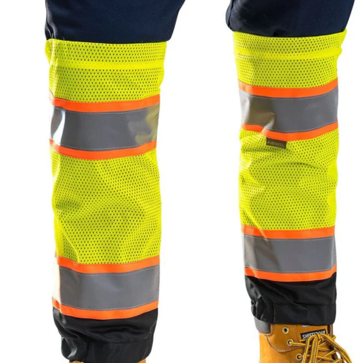 Yellow hi-vis gaitors worn over work trousers.