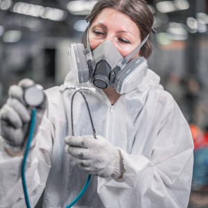 A woman wearing a respiratory mask and a protective suit.